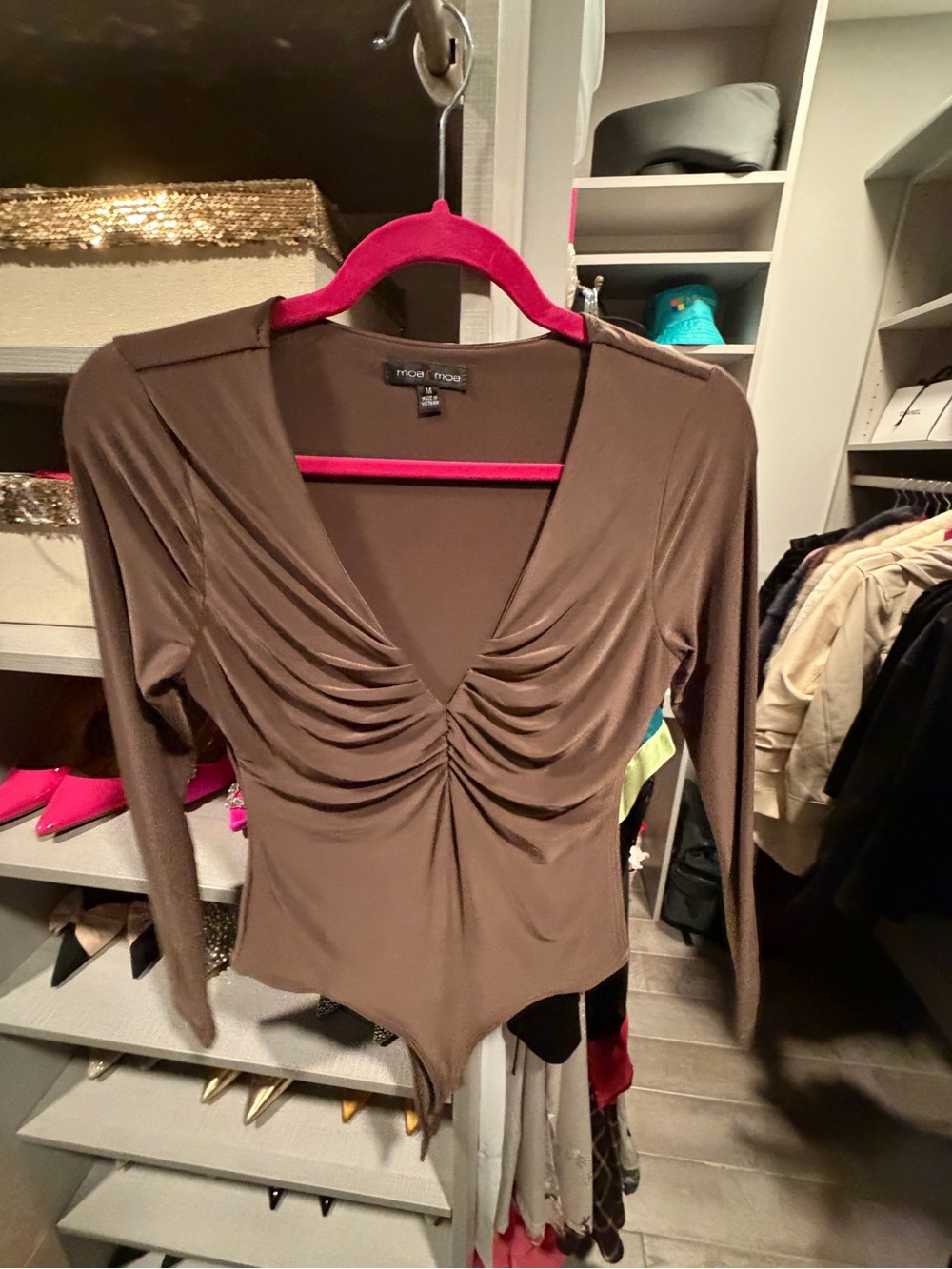 Moa Moa Brown Ruched V-Neck Long Sleeve Bodysuit